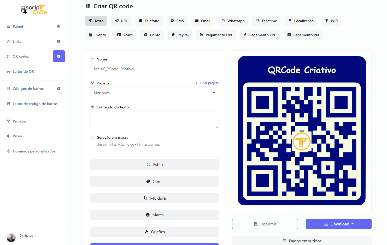 Captura de tela da página do gerador de QR code
